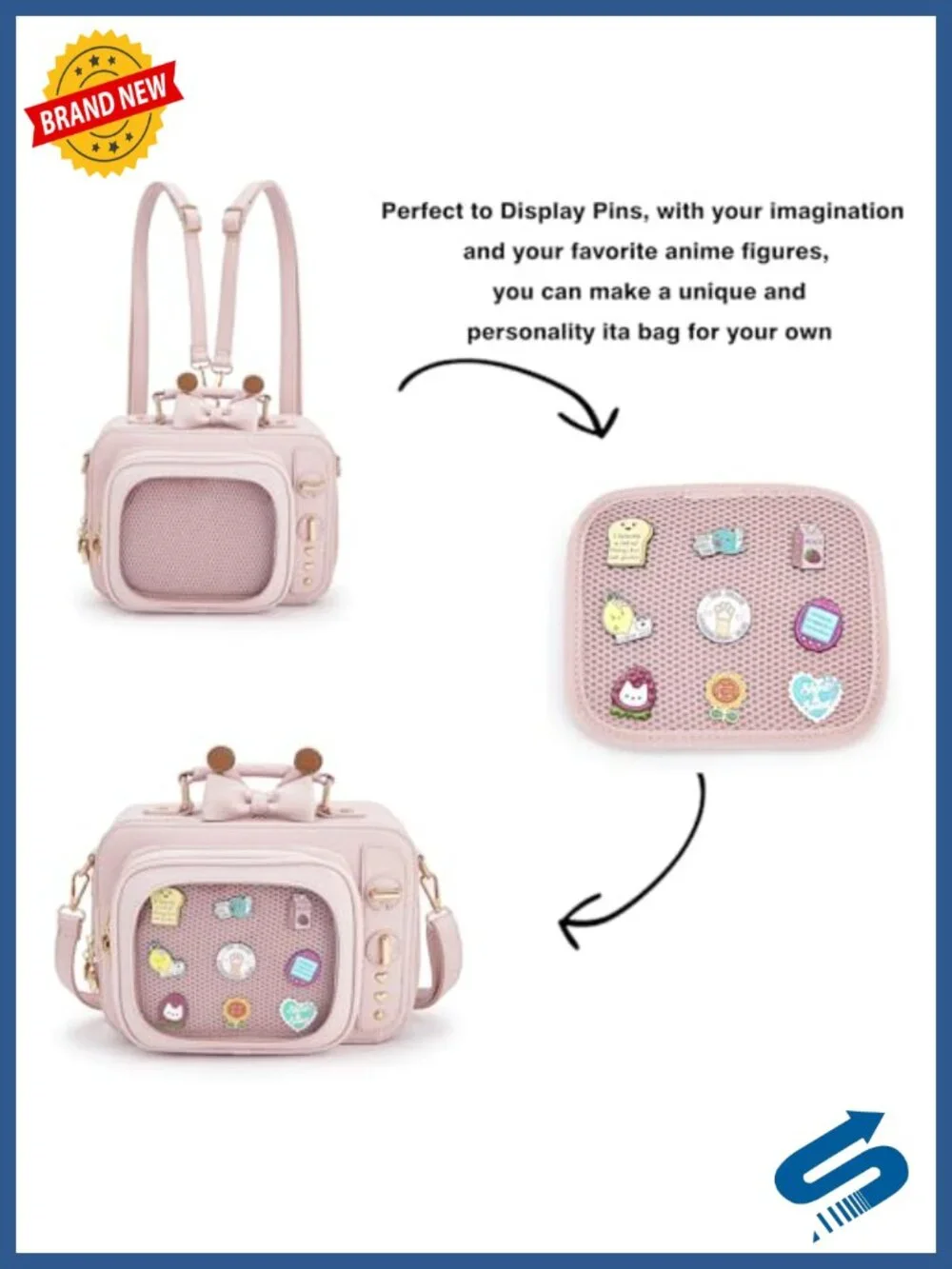 Novelty TV Style Ita Bag Backpack with 2 Inserts Faux Leather Pin Display